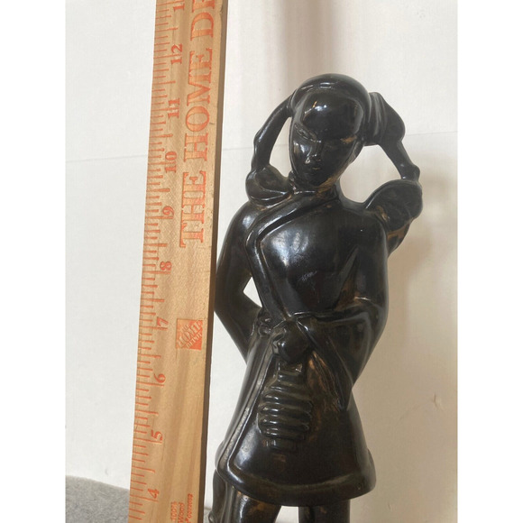 Mid Century Modern Chinese Figurine Asian Statue Black Pottery Female 12" Signed - Picture 2 of 7